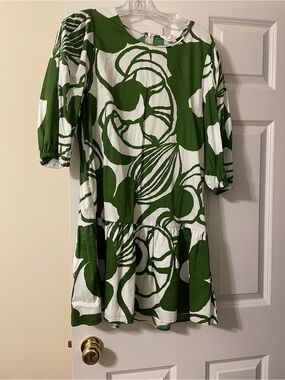 Green & White Abstract Print Mini Dress with Puff Sleeves